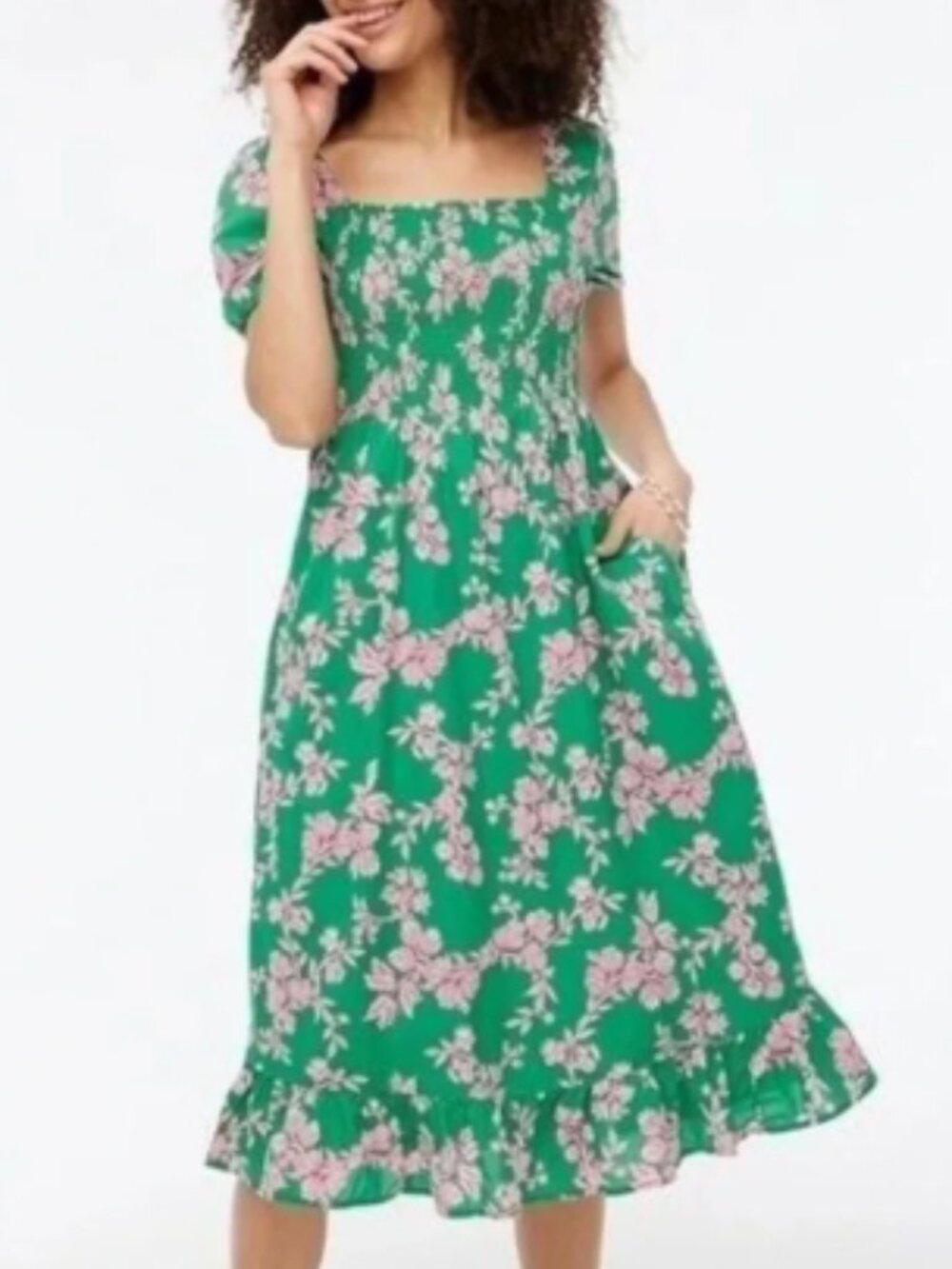 J. Crew Floral Puff Sleeve Smocked Midi Dress